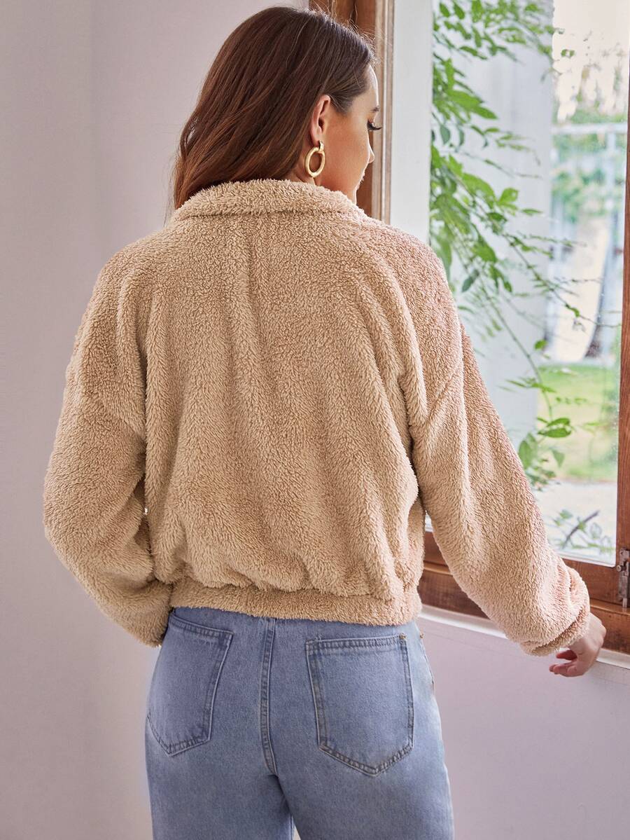 VELOMI Woolen Teddy Sweatshirt – Cozy Half Zip Placket Pullover for Autumn & Winter