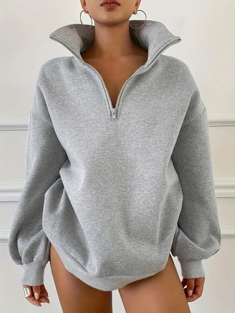 Women’s Cozy Half-Zip Sweatshirt – Casual Gray Pullover with Pockets & Ribbed Cuffs
