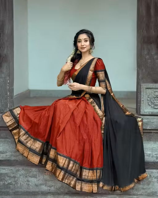 VELOMI Heavy Kanchipuram Silk Half Saree Lehenga Set with Banarasi Dupatta – South Indian Wedding Style | Navratri Festive Collection