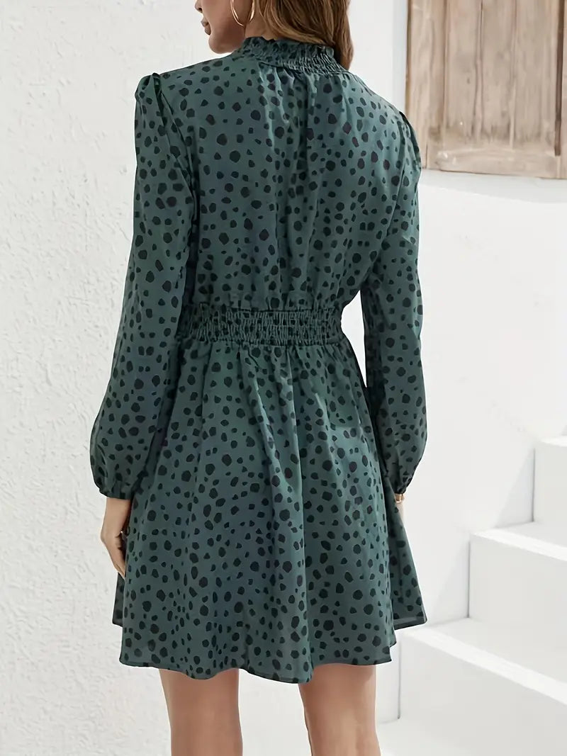 VELOMI Women’s Green Floral High-Neck Dress – Elegant Casual & Party Wear
