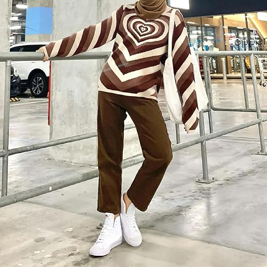 chouyatou Women Fall Winter Casual Long Sleeve Heart Striped Sweater Mock Neck Rib Knit Pullover Sweater