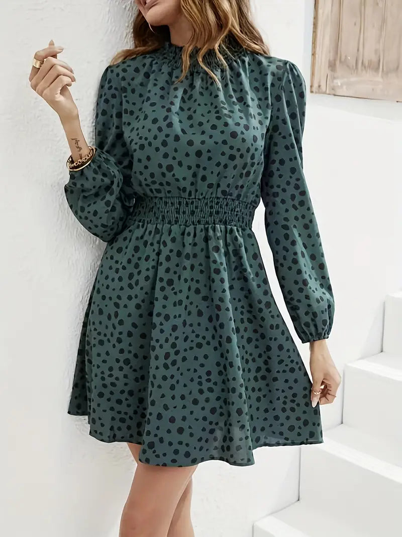 VELOMI Women’s Green Floral High-Neck Dress – Elegant Casual & Party Wear