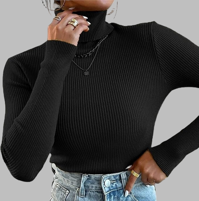 Women’s High Collar Ribbed Sweater – Casual Cozy Knitwear for Autumn & Winter