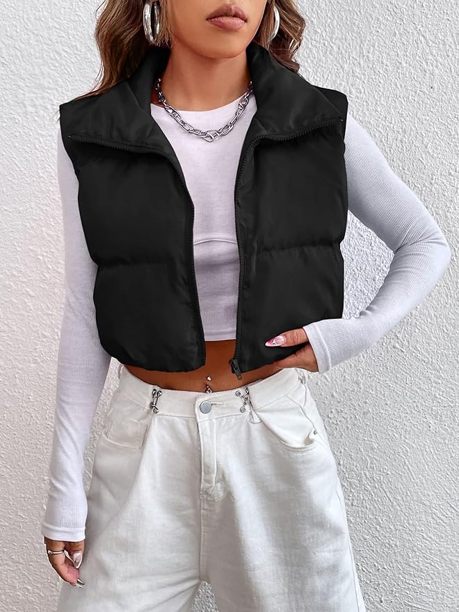 VELOMI Women’s Black Puffer Crop Vest Winter Jacket – Trendy Zipper Style for Girls & Women