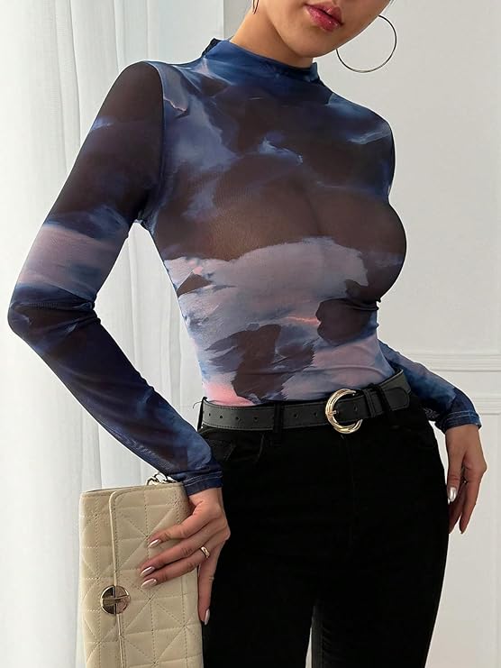 Miku Chiku Mesh Crop Top – Sheer Short Sleeve Aesthetic Tee with Unique Print & Ruffled Hem