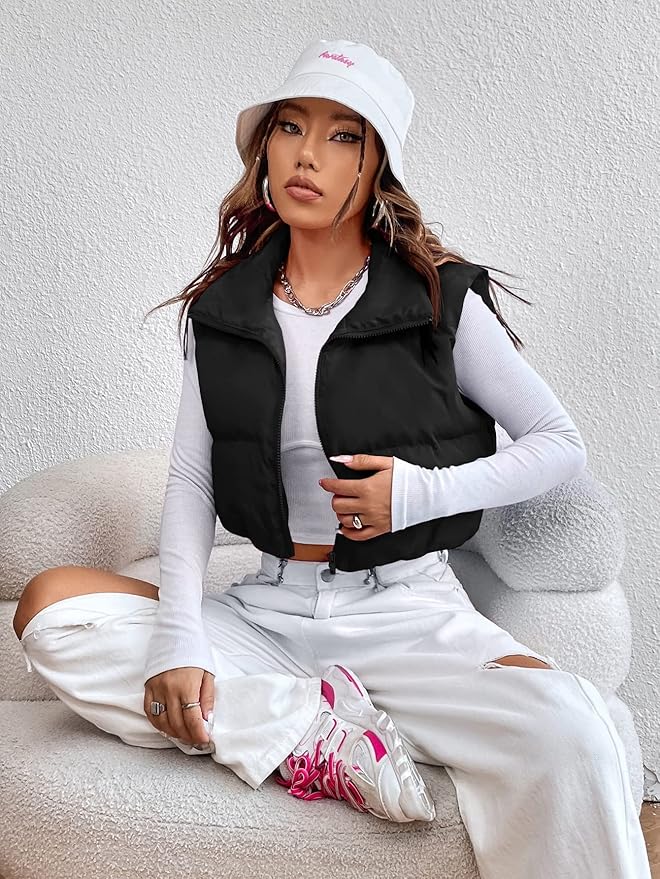 VELOMI Women’s Black Puffer Crop Vest Winter Jacket – Trendy Zipper Style for Girls & Women