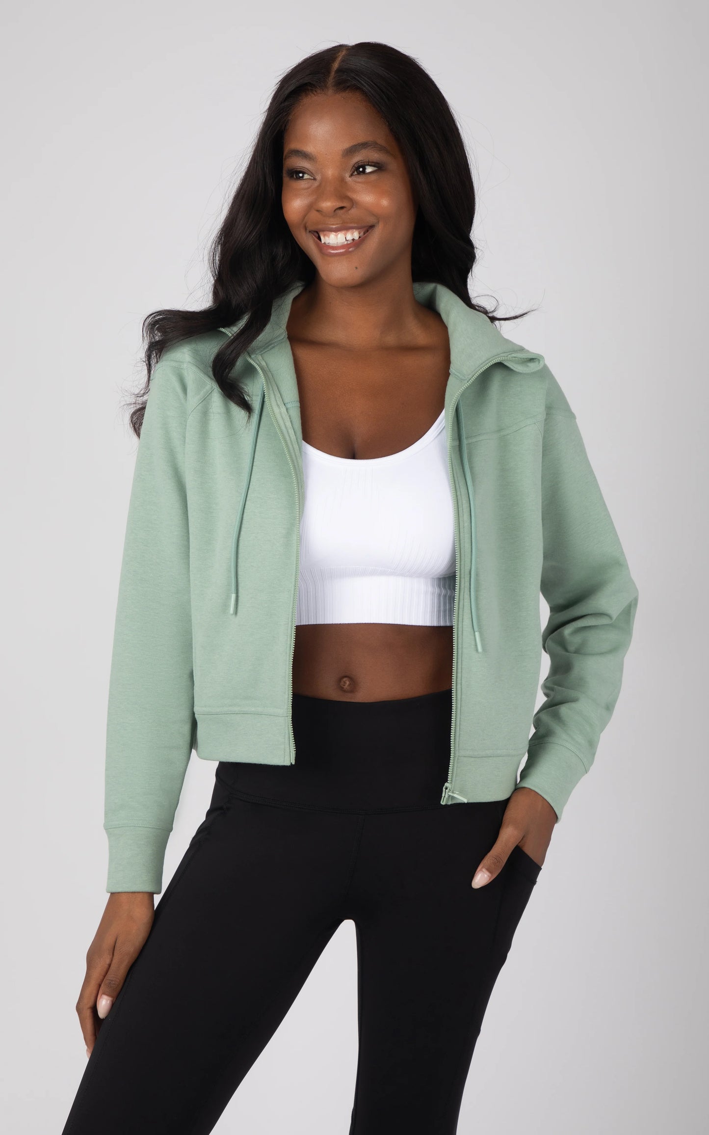 VELOMI Women’s Full Sleeve Solid Mint Green Hooded Crop Jacket – Stylish & Comfortable