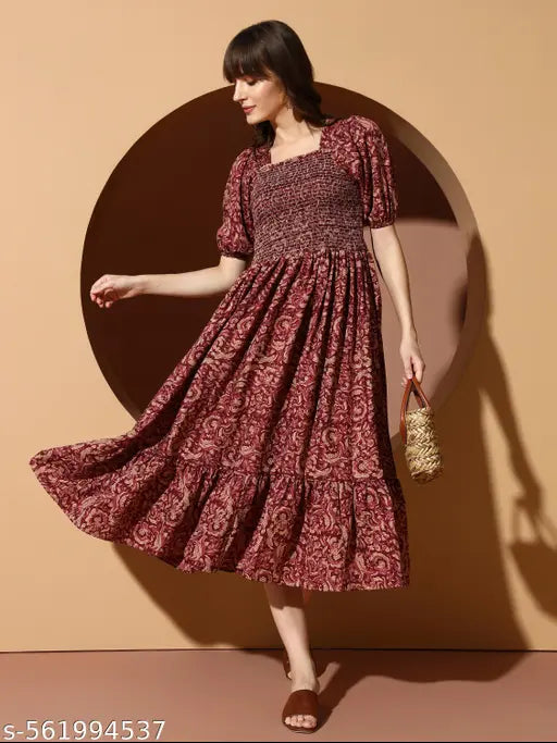 OTABU Women’s Floral Print Smocked Midi Dress – Square Neck, Short Sleeve Casual Outfit