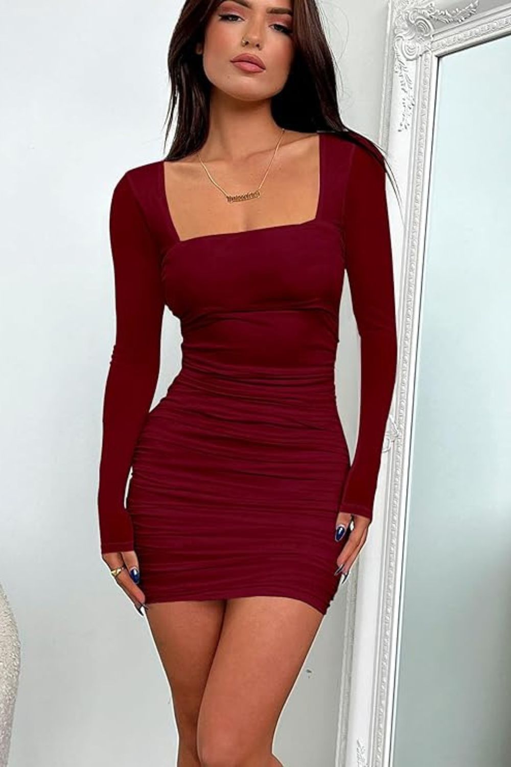 VELOMI – Trim Long Sleeves Bodycon Ribbed Mini Maroon Dress