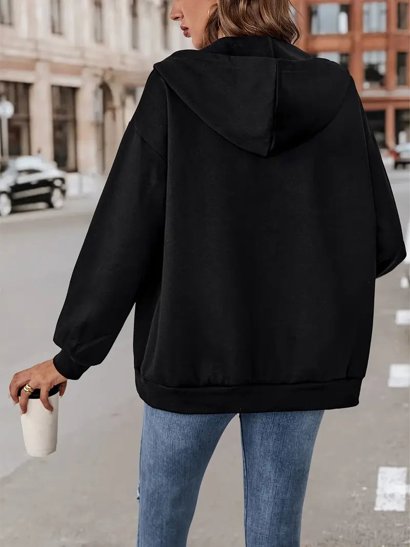 Solid Zip Up Oversized Hoodie, Casual Long Sleeve Pocket Hoodies Sweatshirt, Women's Clothing