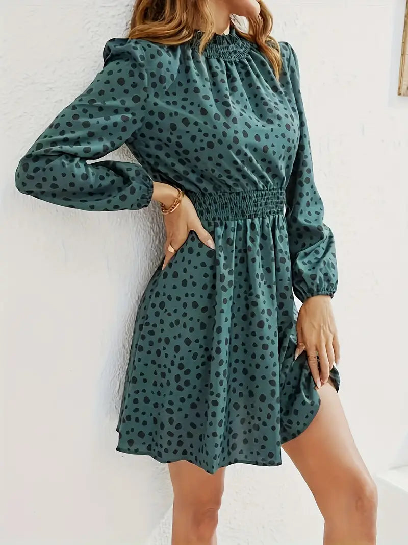VELOMI Women’s Green Floral High-Neck Dress – Elegant Casual & Party Wear