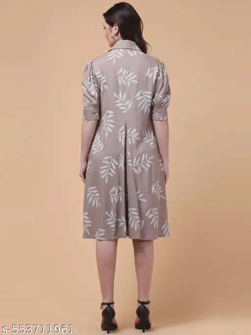VELOMI Taupe & White Leaf Print Collared A-Line Dress – Elegant Everyday Chic
