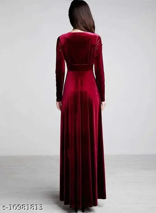 Maroon V-Neck Velvet Long Dress Long Dress