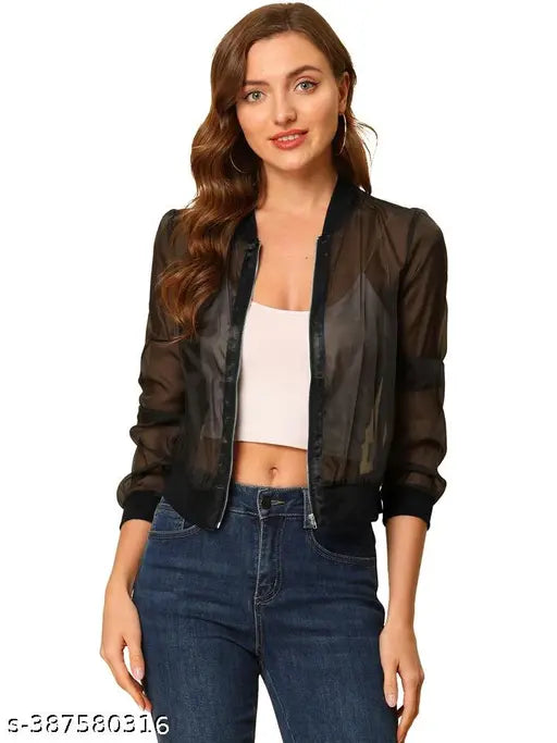 Zip Up See Through Lightweight Long Sleeve Mesh Bomber Jacket