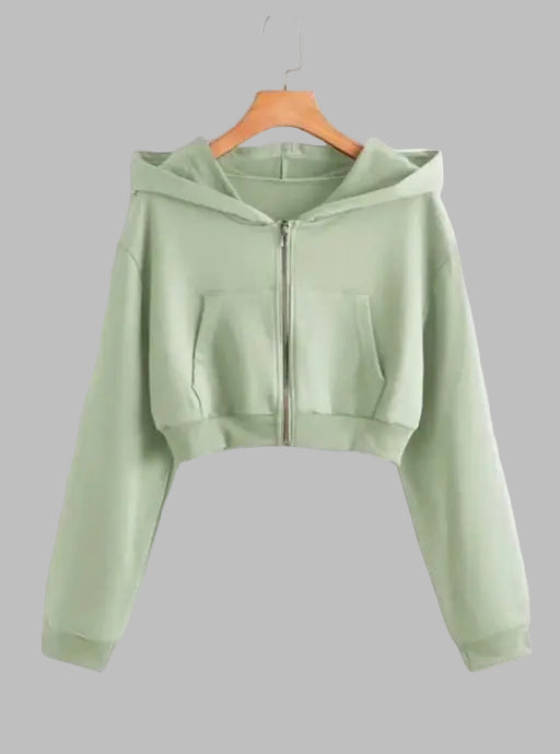 VELOMI Women’s Full Sleeve Solid Mint Green Hooded Crop Jacket – Stylish & Comfortable