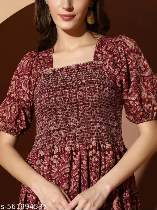 OTABU Women’s Floral Print Smocked Midi Dress – Square Neck, Short Sleeve Casual Outfit