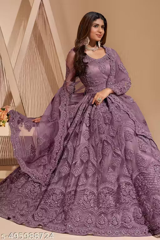 KV FASHION Women's Net Embroidered Semi-Stitched Gown
