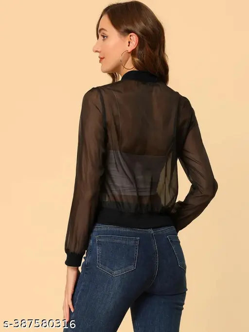 Zip Up See Through Lightweight Long Sleeve Mesh Bomber Jacket