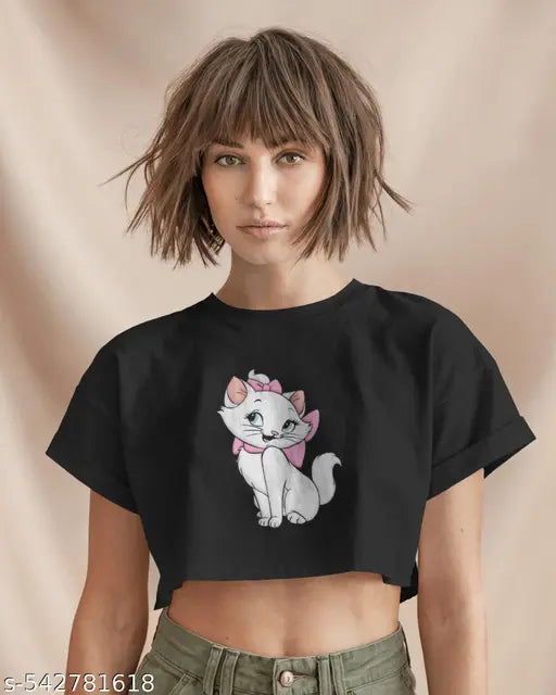 Trending Printed Crop Top for Women - Stylish Cotton Blend Short T-Shirt, Cute Animal Graphic Tee, Casual Streetwear Fashion Party Wear Daily Wear Summer Short Sleeve Crop Top Oversize Trendy Cartoon Print Top For Girls