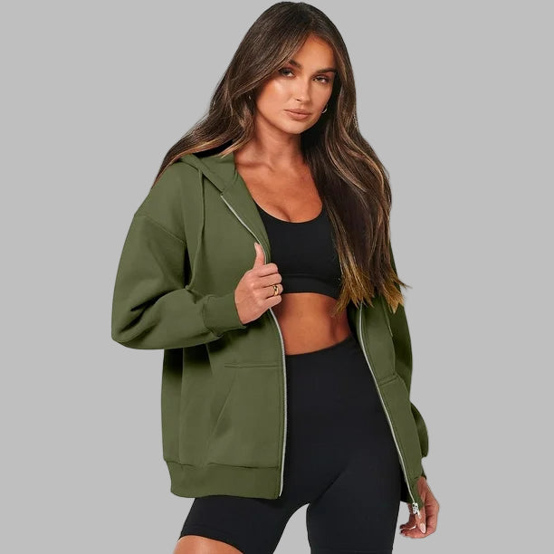 Women’s Oversized Zip-Up Hoodie – Y2K Inspired Casual Sweatshirt with Drawstring & Pockets