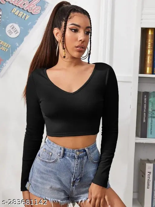 V-Neck full sleeve Back less tie crop top( BLACK)