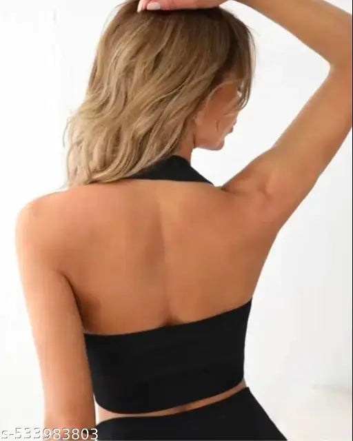 Halter Neck Crop Backless Ribbed Top Black Color