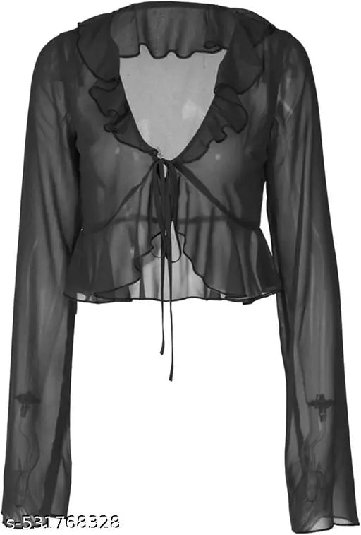 Vibrant Black Ruffled Blouse Top with Flared Sleeves