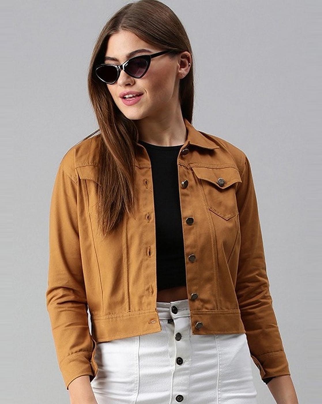VELOMI Women’s Solid Brown Casual Jacket – Versatile Cotton Denim Outerwear