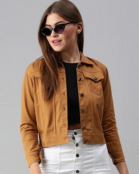 VELOMI Women’s Solid Brown Casual Jacket – Versatile Cotton Denim Outerwear
