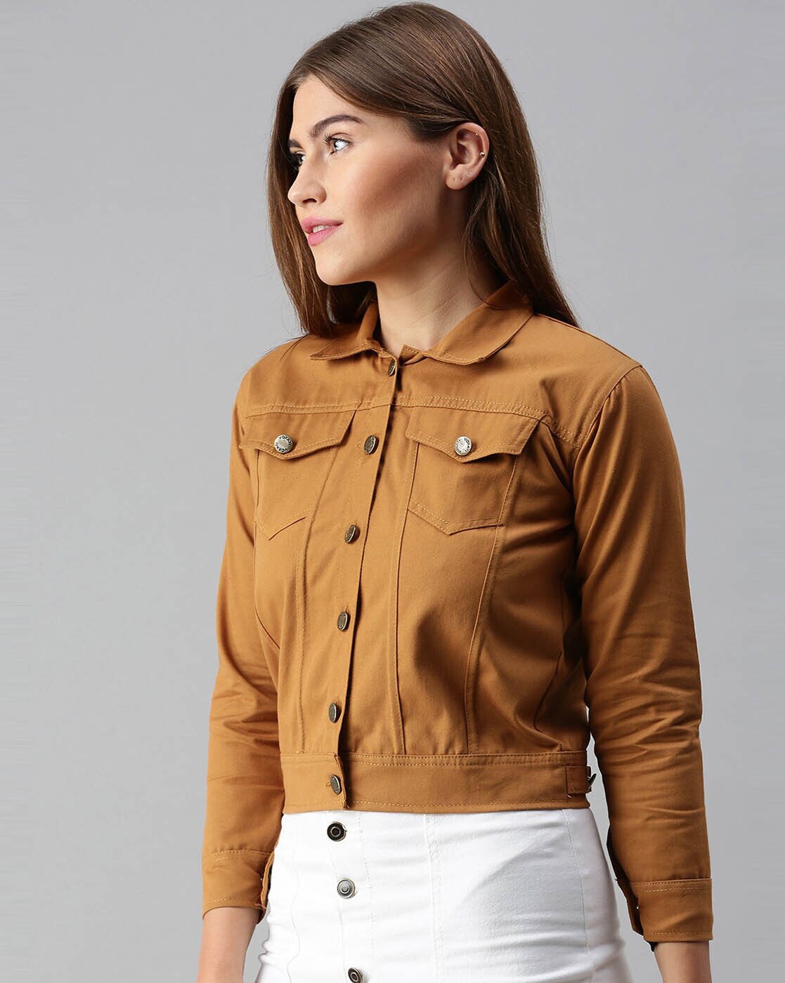 VELOMI Women’s Solid Brown Casual Jacket – Versatile Cotton Denim Outerwear