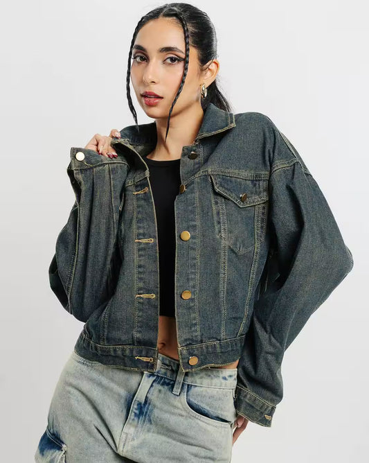 VELOMI Women’s Washed Denim Jacket – Timeless Black Casual Outerwear
