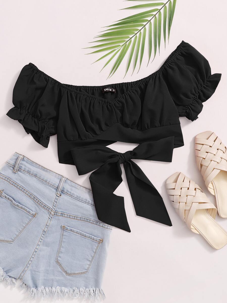 VELOMI Tied Hem Puff Sleeve Crop Top – Stylish Bow Detail Women’s Spring Break Top