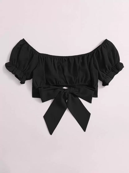 VELOMI Tied Hem Puff Sleeve Crop Top – Stylish Bow Detail Women’s Spring Break Top