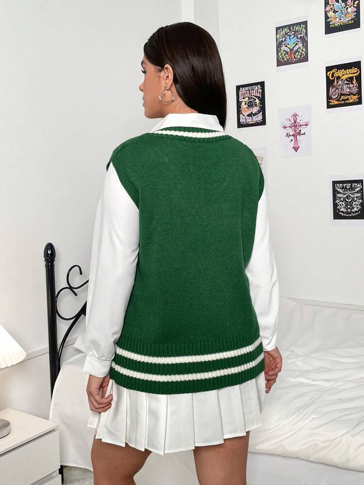 Striped Trim Cable Knit Sweater Vest Without Blouse