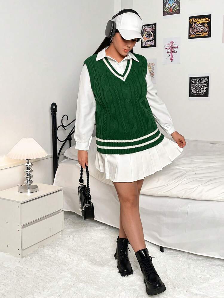 Striped Trim Cable Knit Sweater Vest Without Blouse