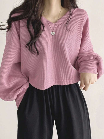 VELOMI Women’s Solid Color V-Neck Drop Shoulder Crop Top – Long Sleeve Preppy T-Shirt for Fall