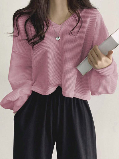 VELOMI Women’s Solid Color V-Neck Drop Shoulder Crop Top – Long Sleeve Preppy T-Shirt for Fall