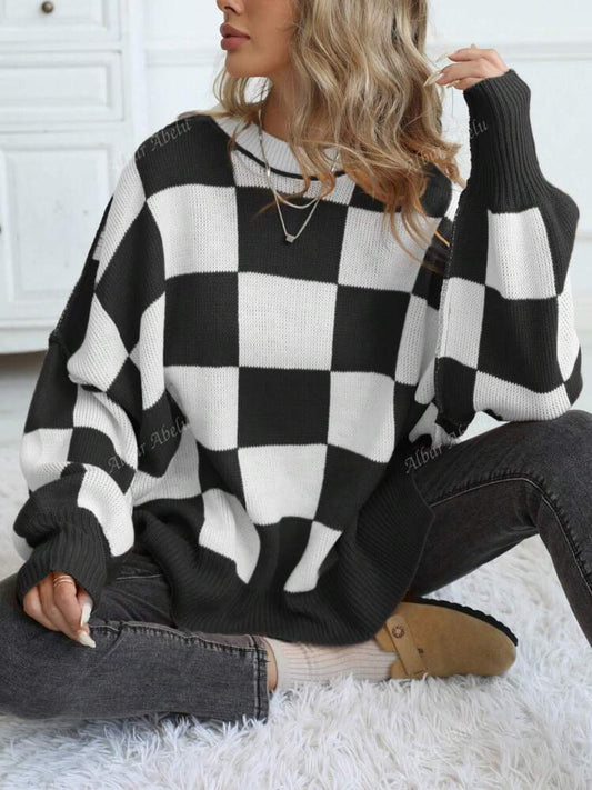 Women's Casual Contrast Checkerboard Oversized Drop Shoulder Sweater, Autumn/Winter