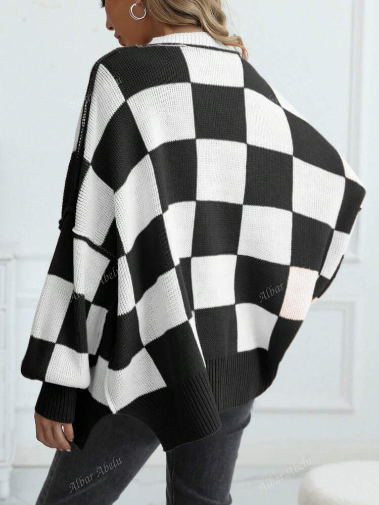 Women's Casual Contrast Checkerboard Oversized Drop Shoulder Sweater, Autumn/Winter