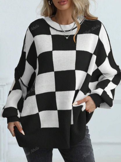 Women's Casual Contrast Checkerboard Oversized Drop Shoulder Sweater, Autumn/Winter