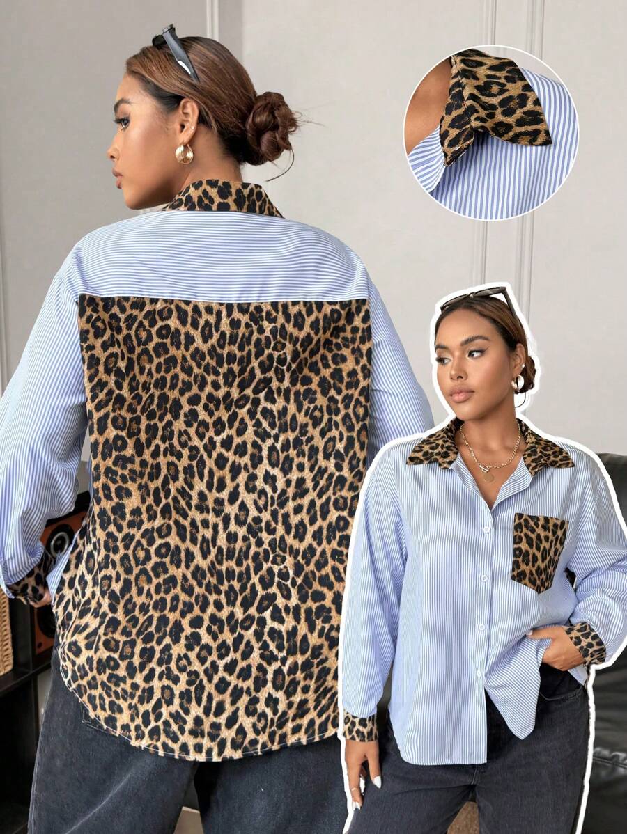 Women’s Casual Loose Leopard & Stripe Contrast Shirt – Trendy Autumn/Winter Essential