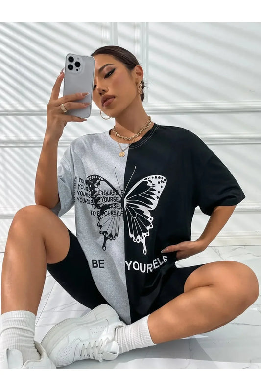 Women's oversized  tshirt with a colour combination of grey and black tshirt