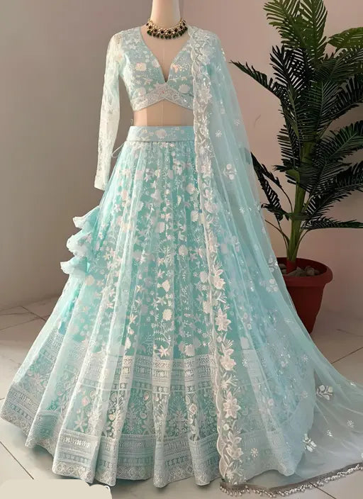 VELOMI Women’s Semi-Stitched Silk Lehenga – Elegant Embroidery with Dupatta
