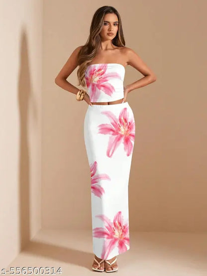 Trendy Floral Co-ord Set for Women | White Tube Crop Top & Skirt | Summer Western Wear Dress | Woman Trendy Dress | Trendy Woman Dress | Trendy Co-ord Set for women
