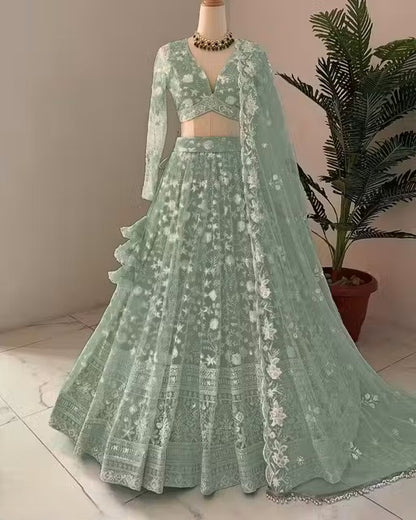 VELOMI Women’s Semi-Stitched Silk Lehenga – Elegant Embroidery with Dupatta