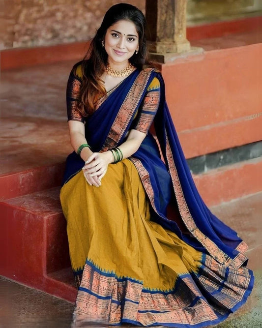VELOMI Heavy Kanchipuram Silk Half Saree Lehenga Set with Banarasi Dupatta – South Indian Wedding Style | Navratri Festive Collection