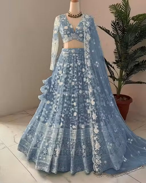 VELOMI Women’s Semi-Stitched Silk Lehenga – Elegant Embroidery with Dupatta