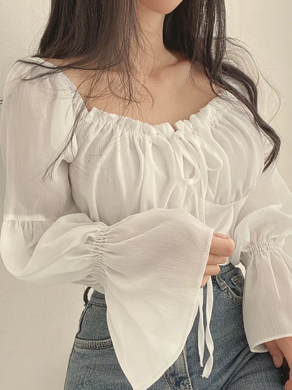 VELOMI Women’s French-Inspired Chiffon Blouse with Ruffle Trim & Tie-Front – Elegant Square Neck Bell Sleeve Top