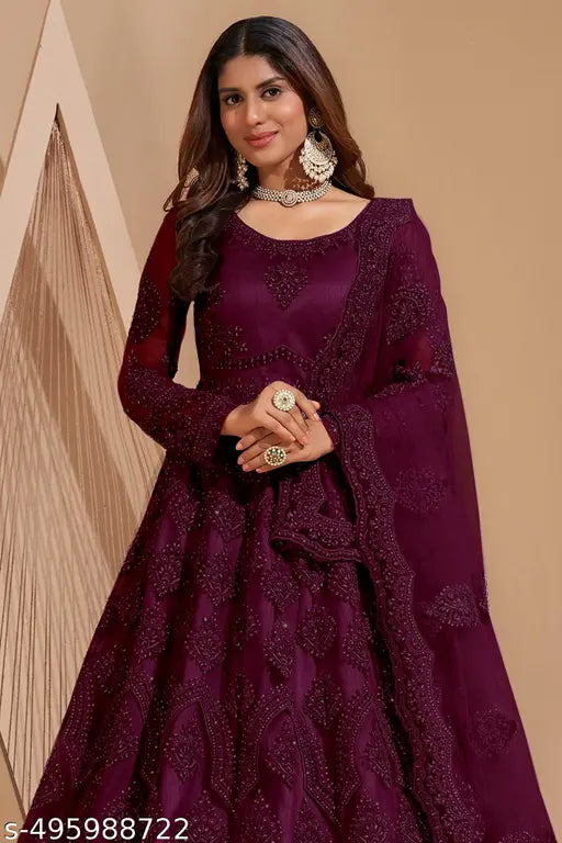 KV FASHION Women's Net Embroidered Semi-Stitched Gown