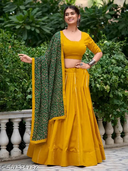 VELOMI Women’s Festive Lehenga Choli – Yellow Cotton Rayon with Bandhani Dupatta